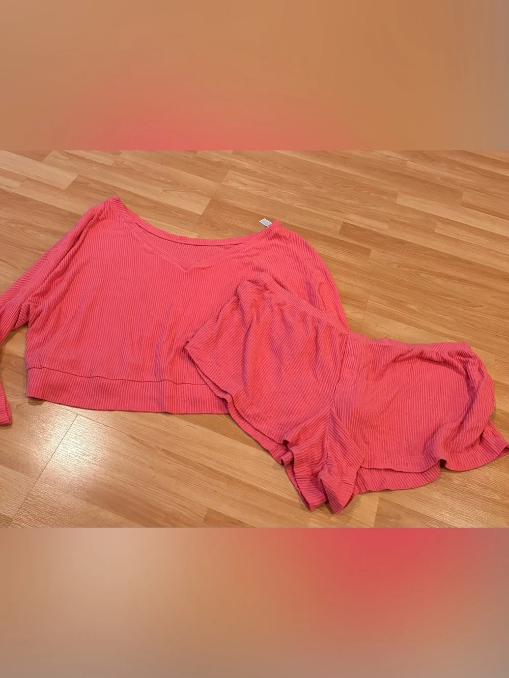 5/$25 Auden Ribbed V-Neck Crop Top & Lounge Shorts Set - Coral Pink